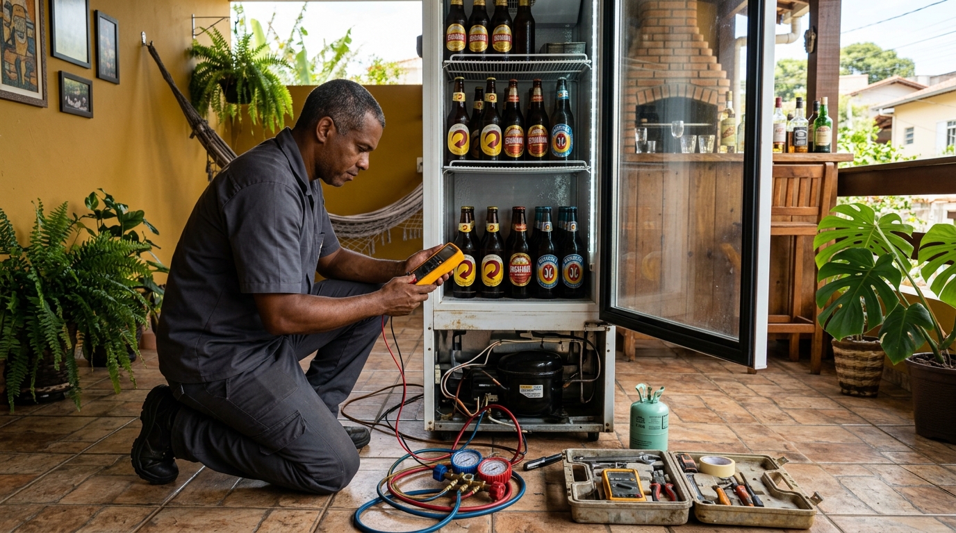 Técnico de cervejeira reparando compressor em Ipatinga‑MG