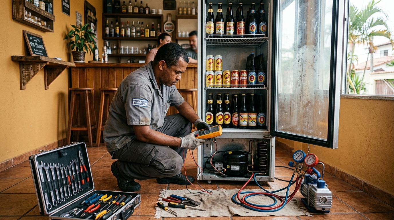 Técnico de cervejeira trocando borracha da porta em Ipatinga‑MG
