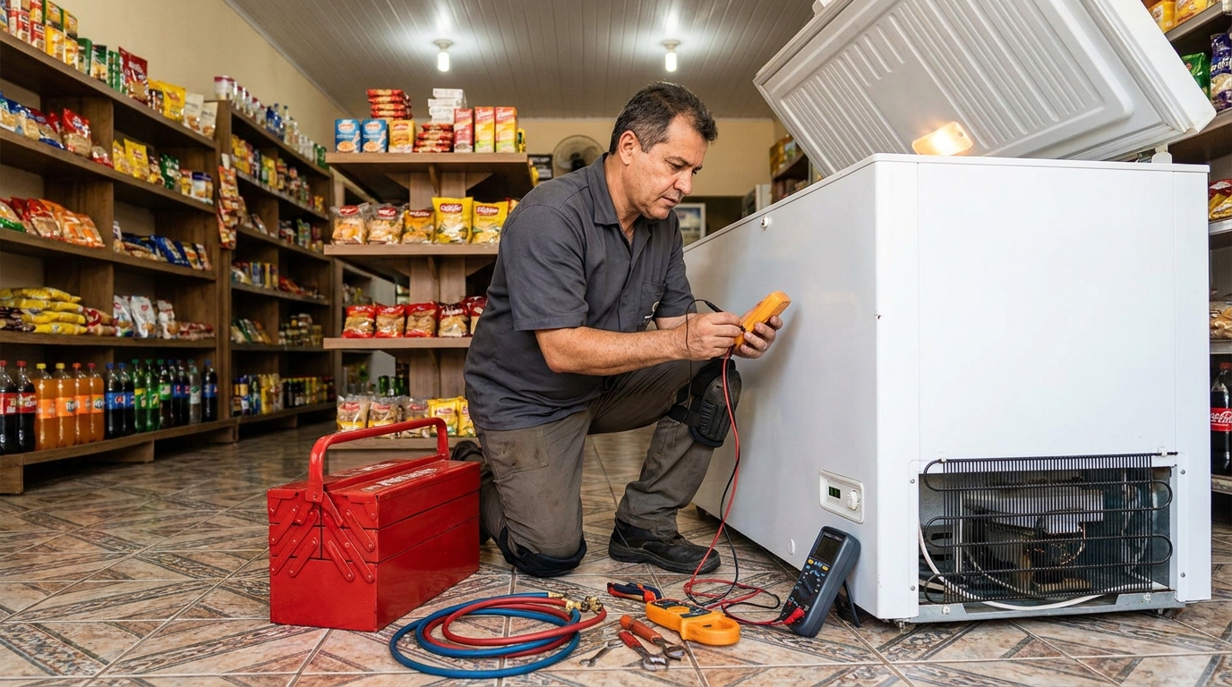 Técnico de freezer fazendo recarga de gás em Santos‑SP