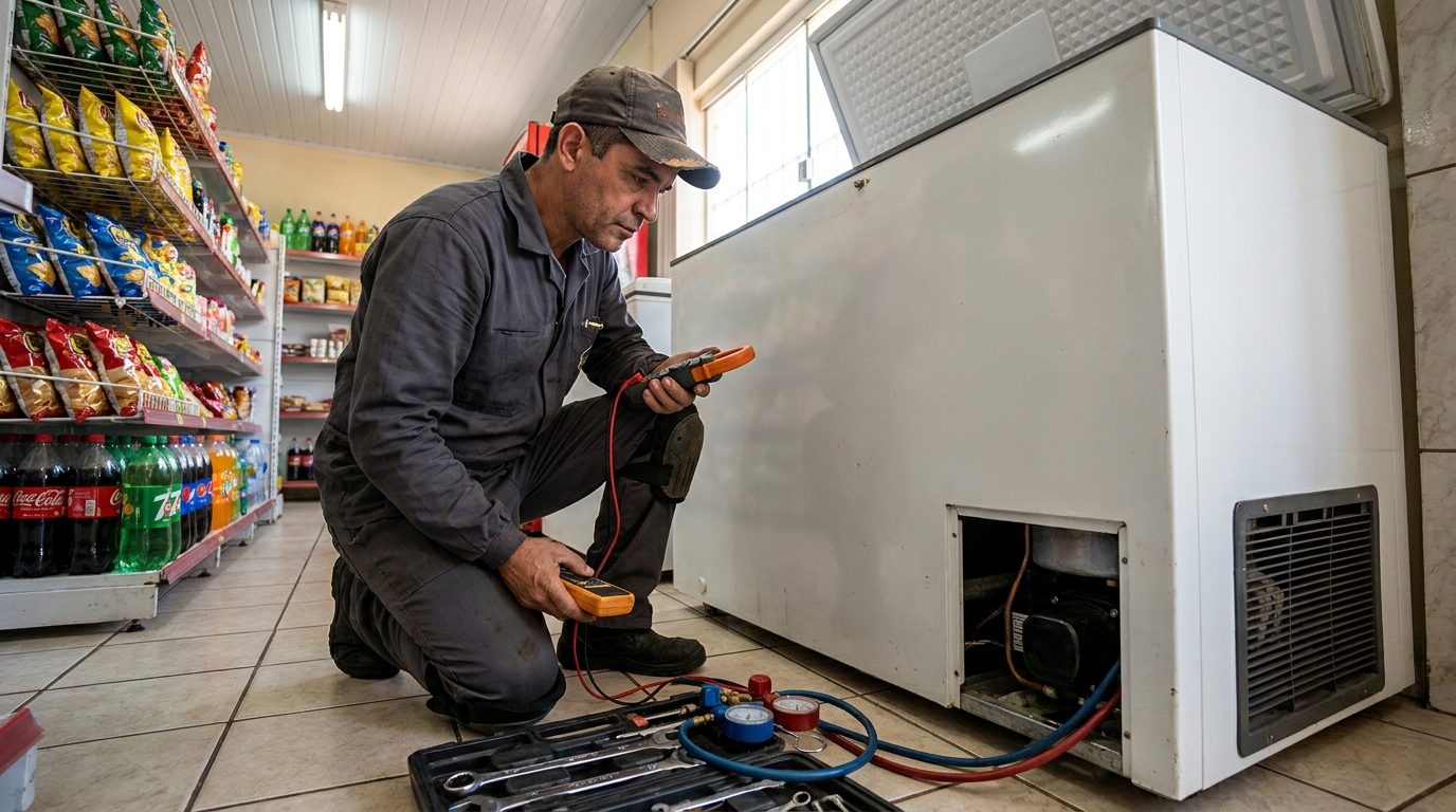 Técnico de freezer reparando sistema de degelo em Santos‑SP