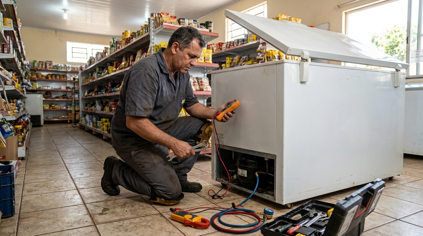 Técnico de freezer trocando borracha da tampa em Santos‑SP