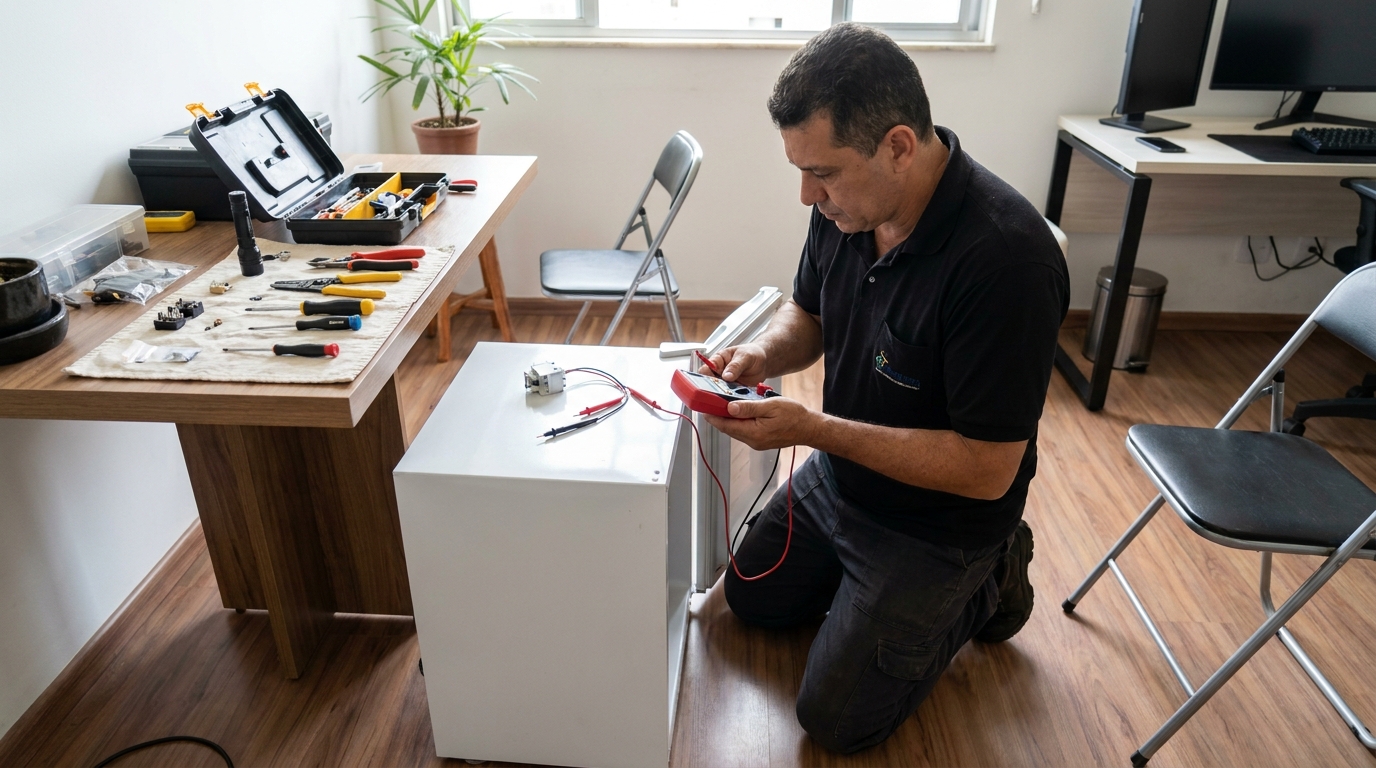 Técnico de frigobar fazendo reparo elétrico em Limeira‑SP